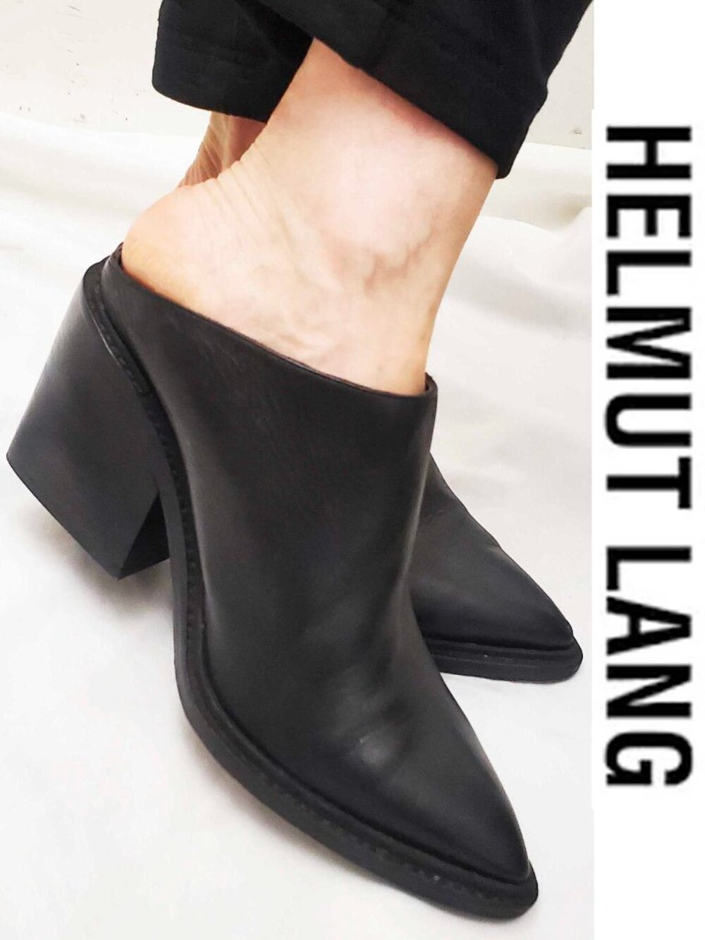 Helmut Lang Women's Black Leather Schist Mules Slides Shoes Chunky Heel 38